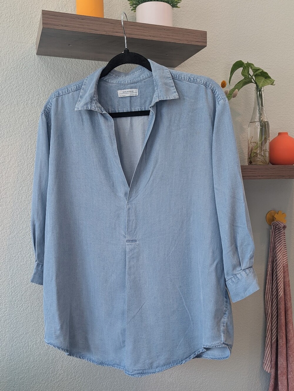 Zara 100% Lyocell Light Blue Boxy 3/4 Sleeve V Placket Shirts